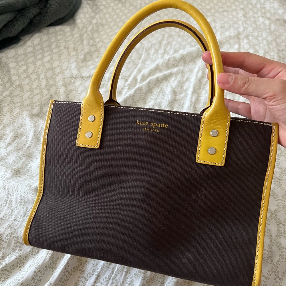 Kate Spade Brown canvas tote with Yellow Accents